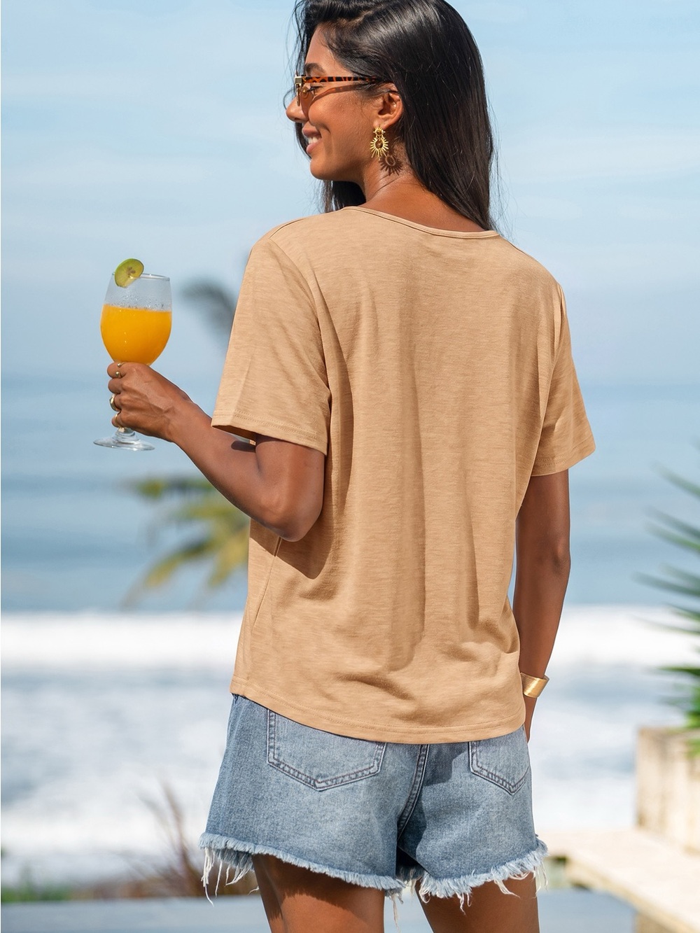 Camel Beige Vneck Loose Fit Top CUPSHE Sz. Medium NWT - Picture 2 of 4
